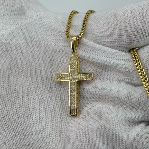 925 Sterling Silver 18K Gold Plated Cross Pendant Iced  CZ 6g Unisex - Picture 4 of 6